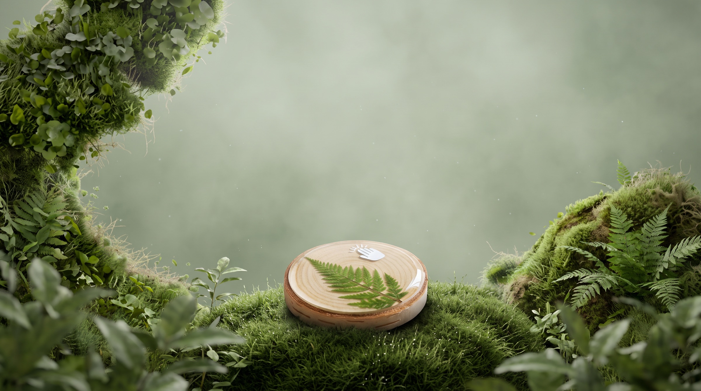 A wooden sticker with a real pressed fern sealed on top, sitting on moss in a misty forest clearing